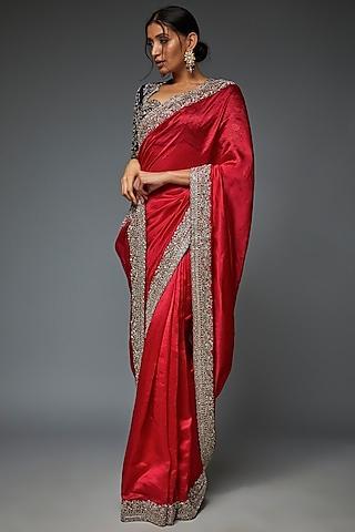 red silk embroidered saree set