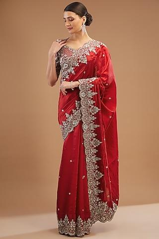 red silk embroidered saree set