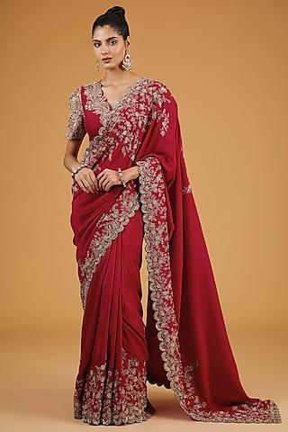 red silk embroidered saree set