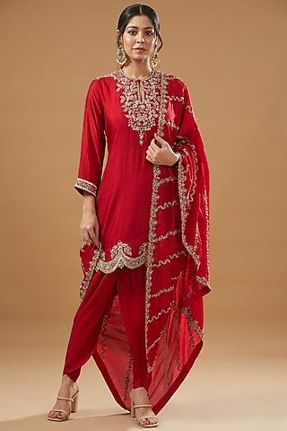 red silk embroidered tunic set