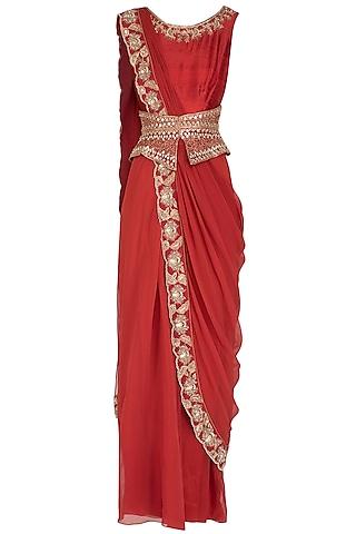 red silk georgette aari embroidered draped saree gown