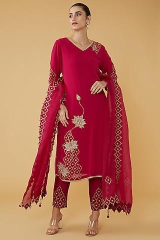 red silk georgette embroidered kurta set