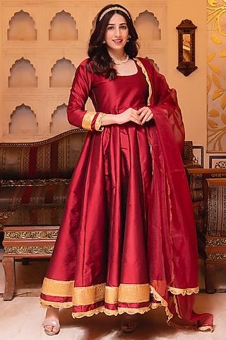 red silk gota patti anarkali set