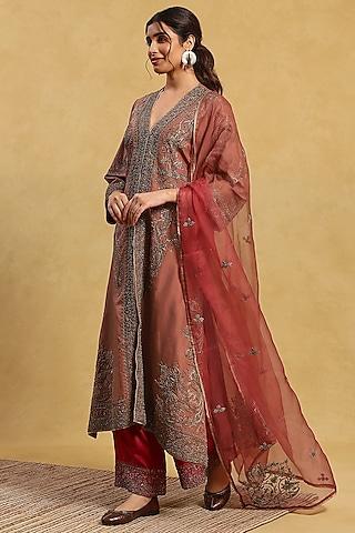 red silk hand embroidered kurta set