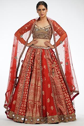 red silk hand painted lehenga set