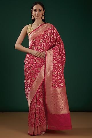 red silk handwoven banarasi saree set