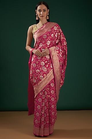 red silk handwoven banarasi saree set