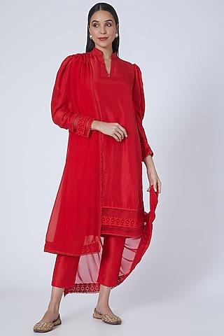 red silk kurta set with lace work
