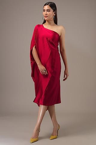 red silk lycra satin pleated one-shoulder midi dress