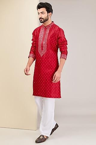 red silk mirror embroidered kurta set