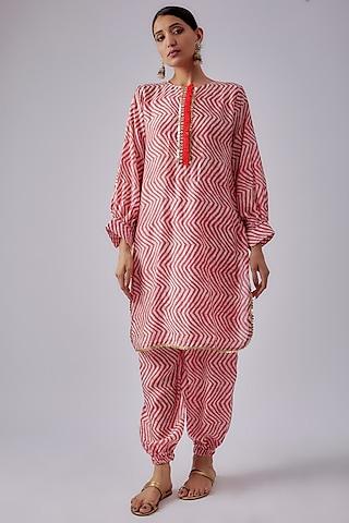 red silk muslin printed kurta set