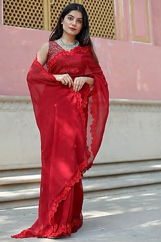 red silk organza embroidered handcrafted saree set
