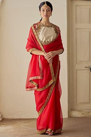 red silk organza embroidered handwoven saree set