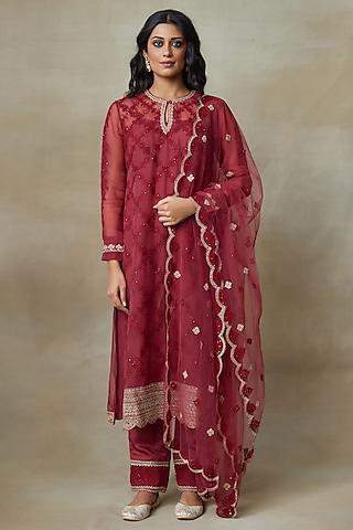 red silk organza embroidered kurta set