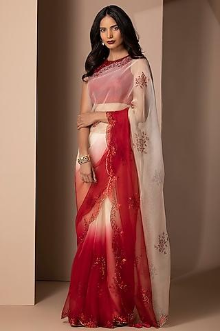 red silk organza rhinestone embellished scalloped saree set