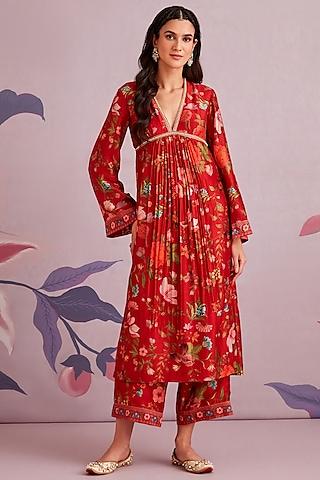 red silk printed & embroidered kurta set