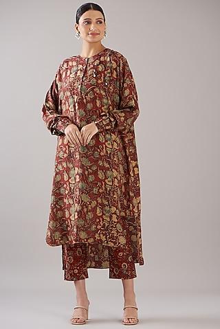 red silk printed kurta set