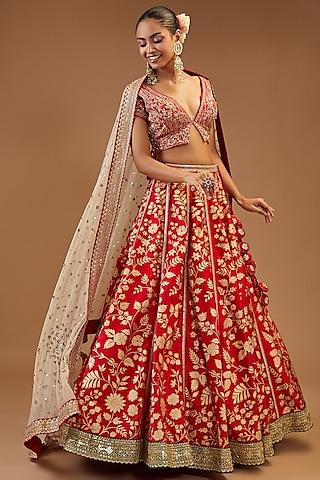 red silk printed lehenga set