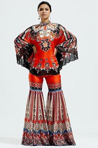 red silk printed poncho