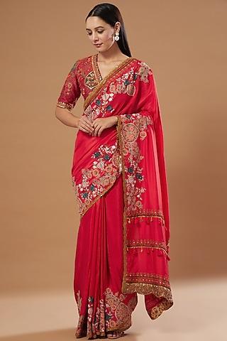 red silk saree set