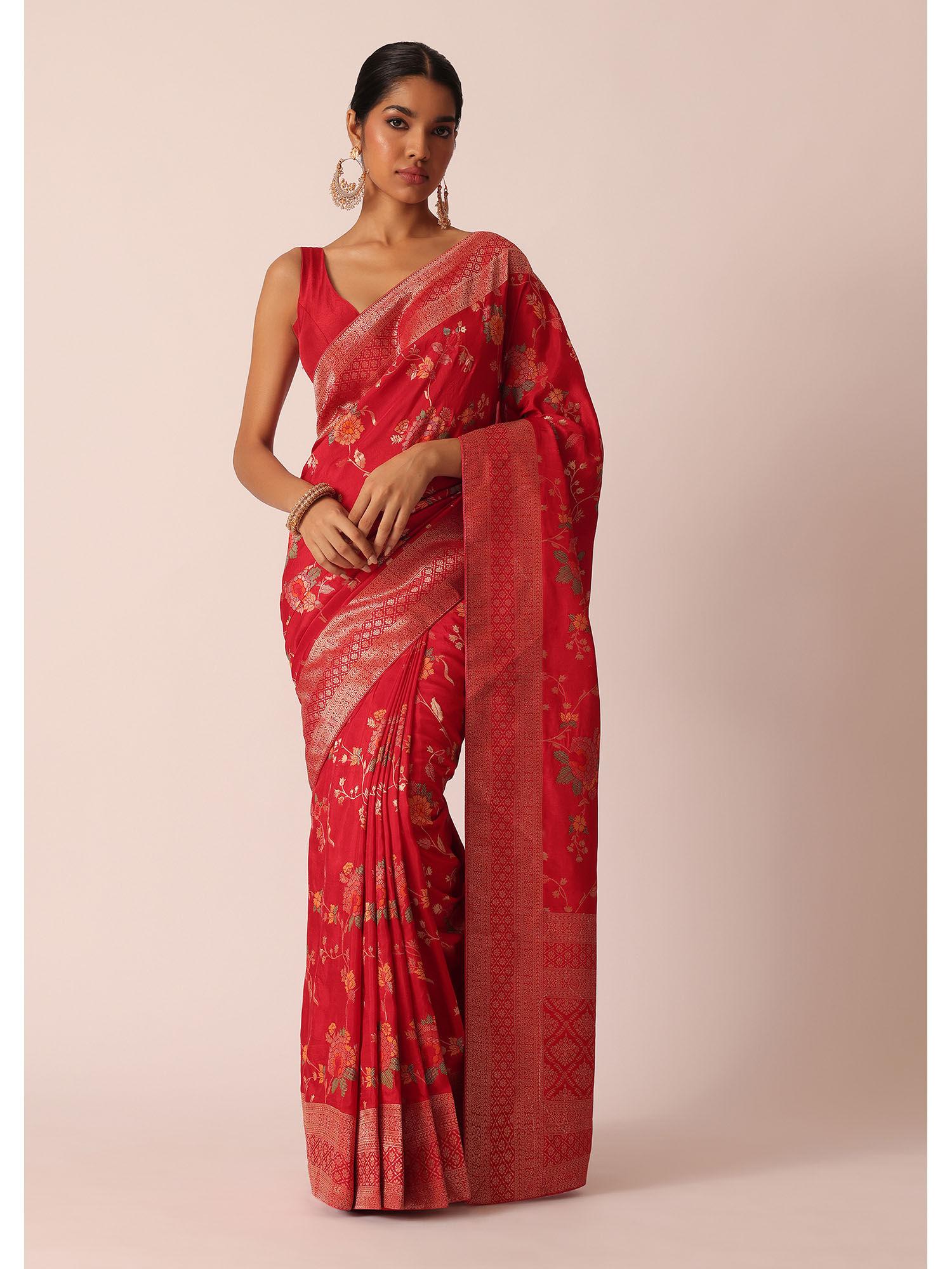 red silk saree with floral meenakari work and unstitched blouse