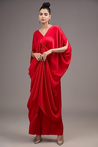 red silk satin georgette tunic set
