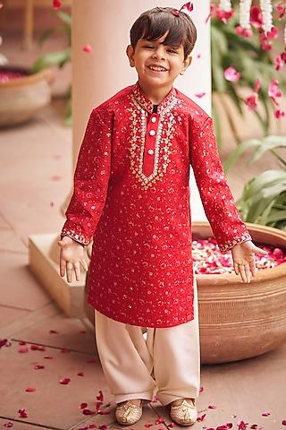 red silk sequins & thread embroidered kurta set for boys