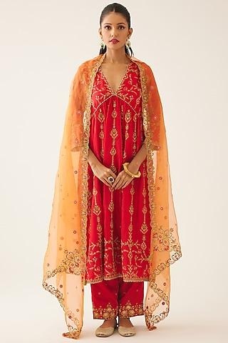 red silk thread embroidered kurta set