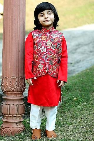 red silk thread work bundi jacket set for boys