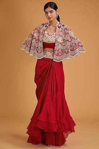 red silk thread work cape set