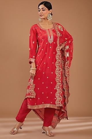 red silk thread work kurta set