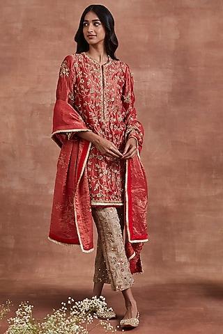 red silk tissue zardosi embroidered kurta set