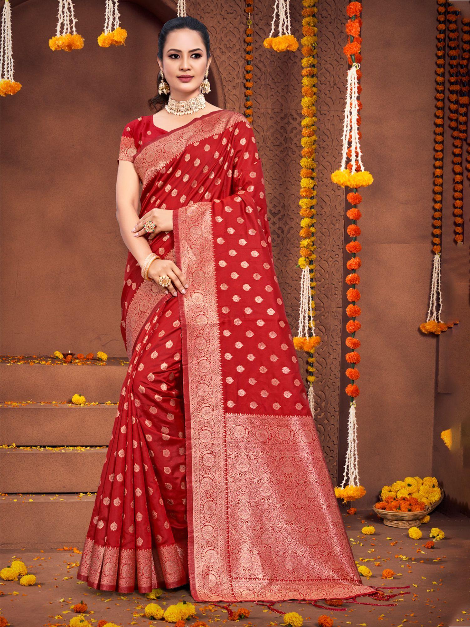 red silk woven work traditional tassels saree with unstitched blouse