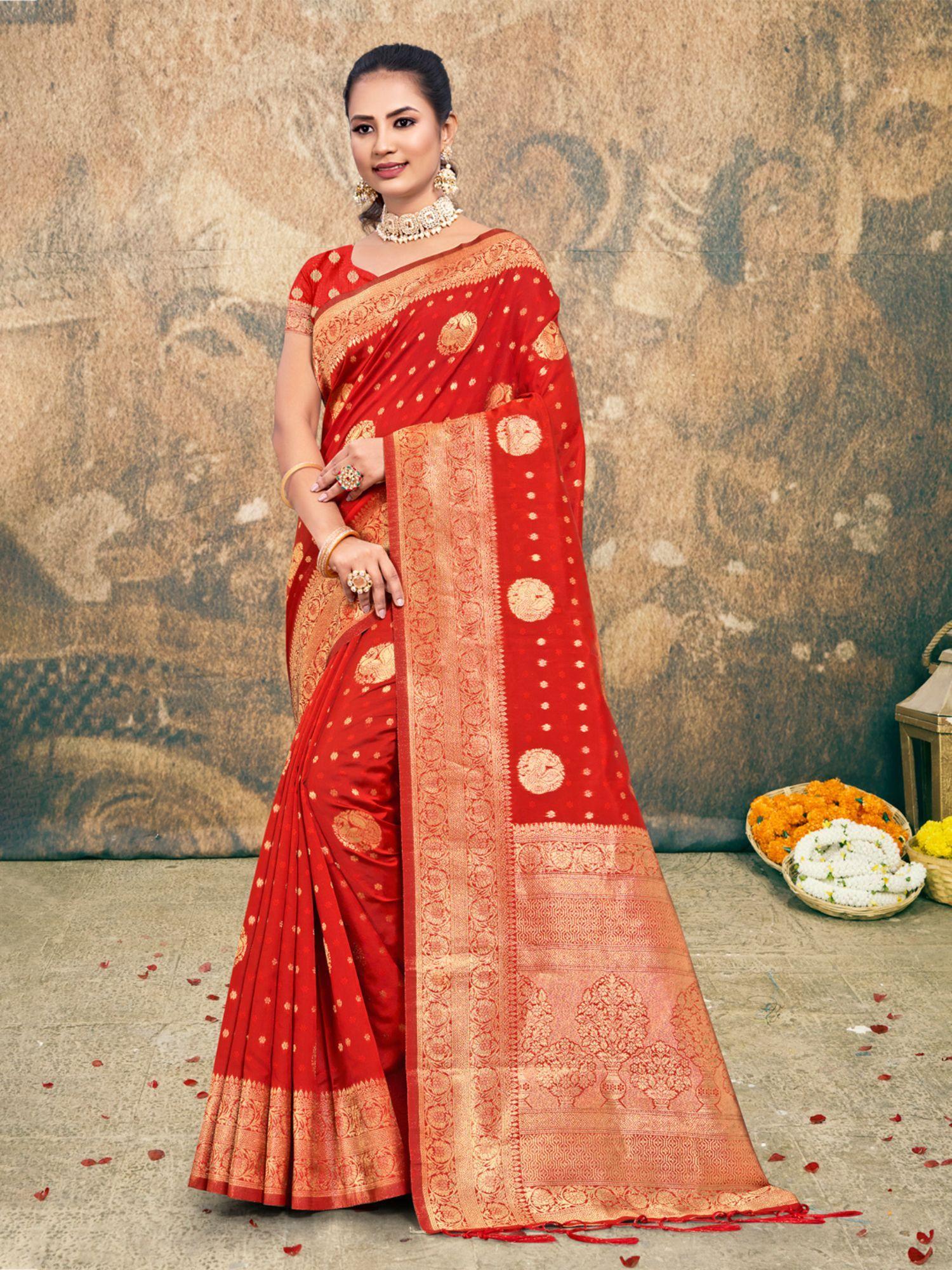 red silk woven work traditional tassels saree with unstitched blouse