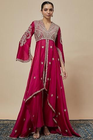 red silk zari embroidered anarkali set