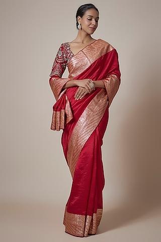 red silk zari embroidered banarasi saree set