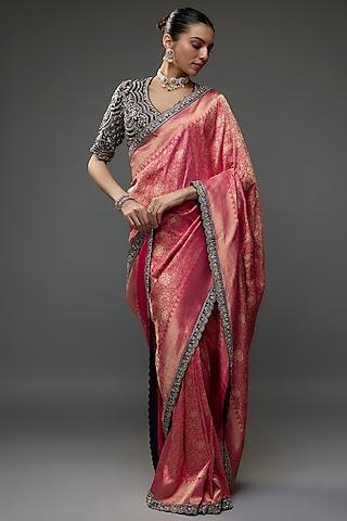 red silk zari embroidered banarasi saree set