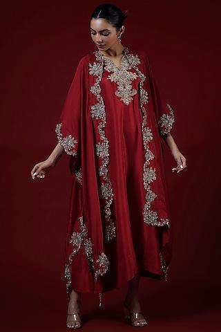 red silk zari embroidered kaftan set