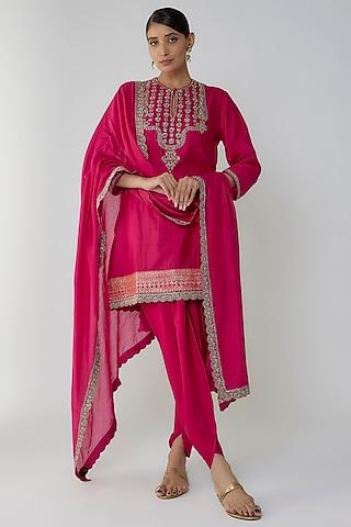 red silk zari embroidered kurta set