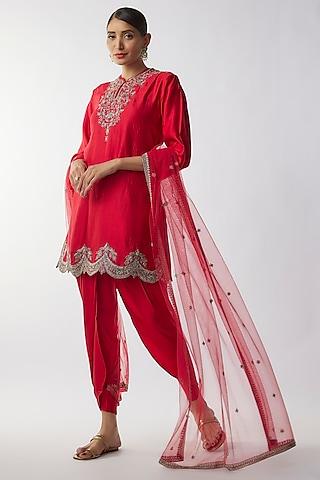 red silk zari embroidered kurta set