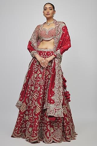 red silk zari embroidered lehenga set