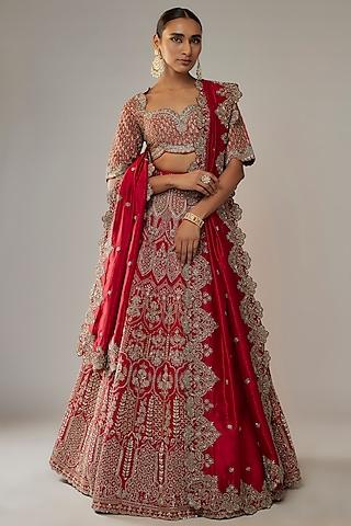 red silk zari embroidered lehenga set