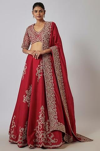 red silk zari embroidered lehenga set