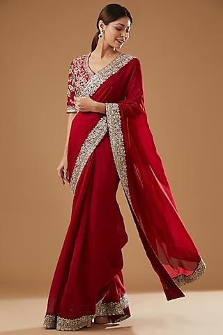 red silk zari embroidered saree set