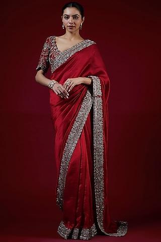 red silk zari embroidered saree set