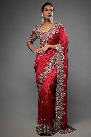 red silk zari embroidered saree set