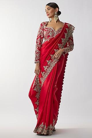 red silk zari embroidered saree set