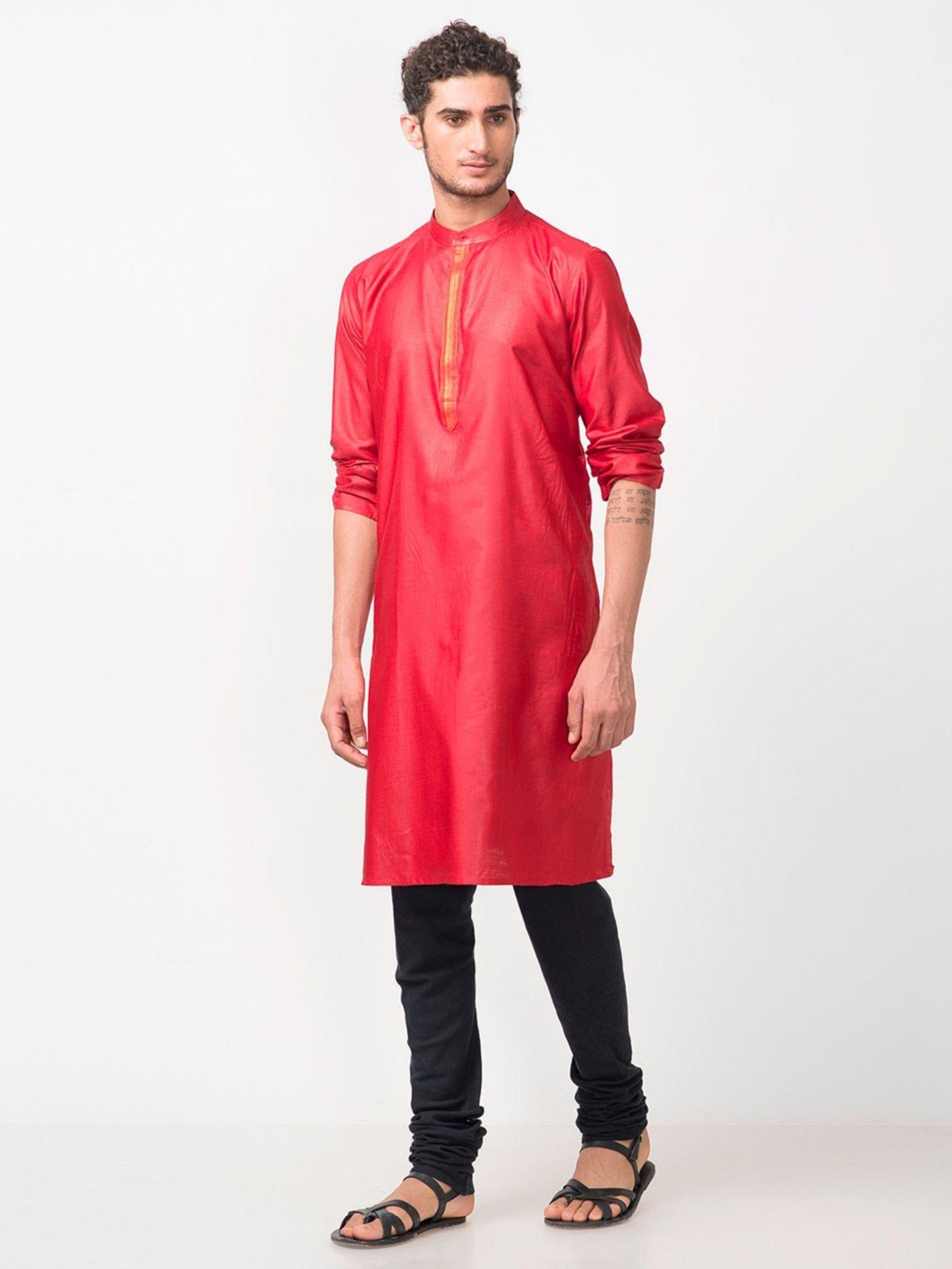 red silk zari placket long kurta