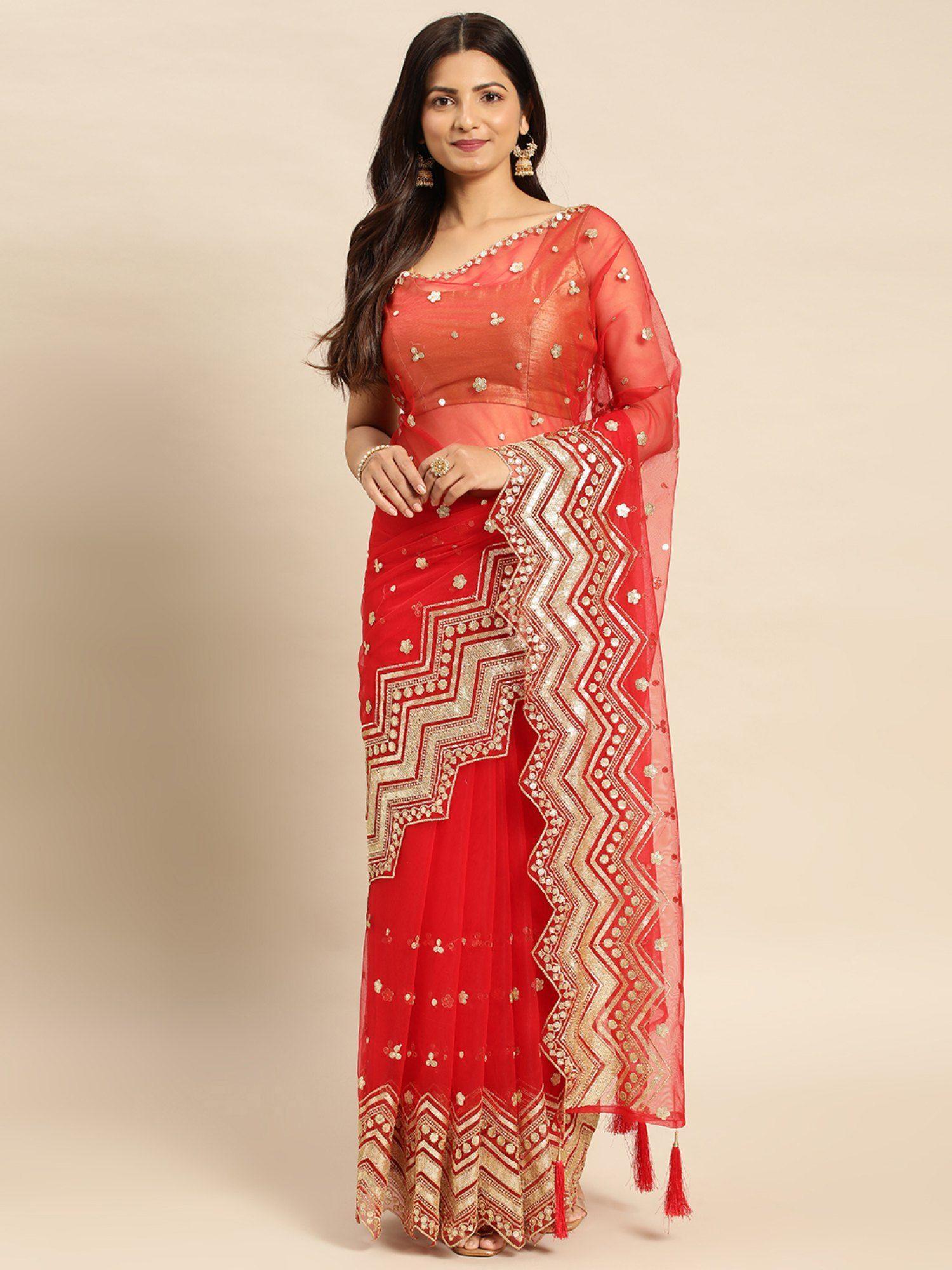 red single soft net saree with unstitched blouse with heavy sequence work with unstitched