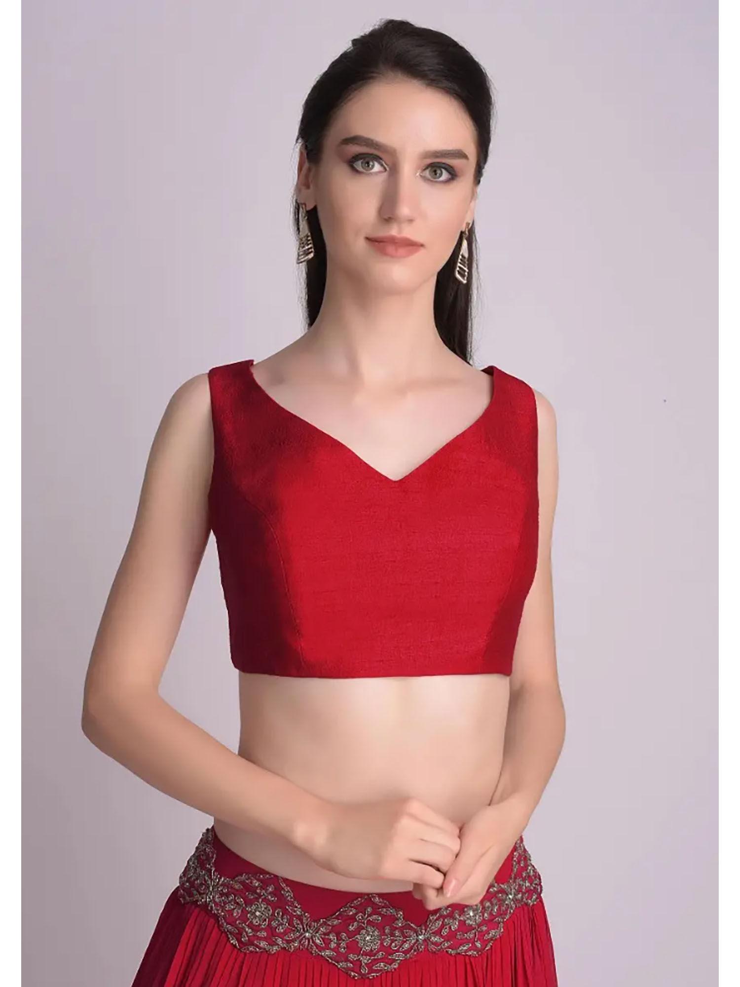 red sleeveless blouse with double tie up tassel dori at the back